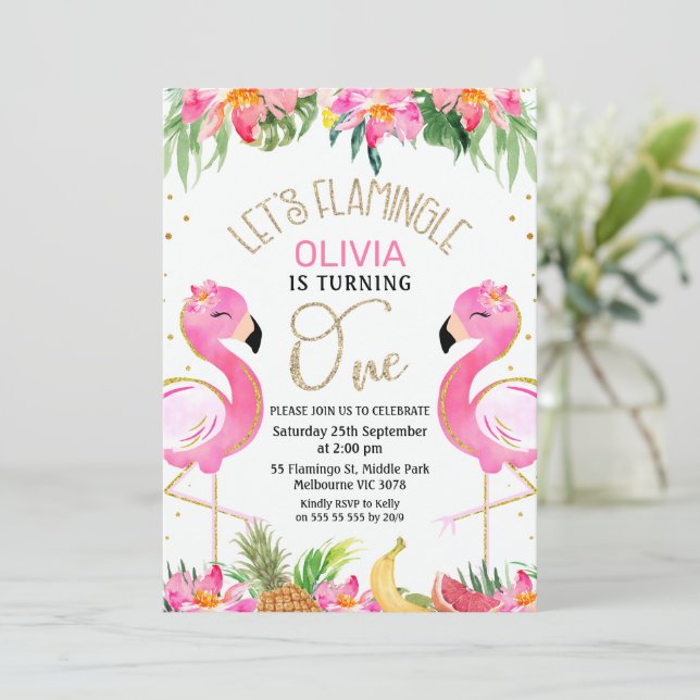 Tropisches Rosa Ließ Flamingle Flamingo 1. Geburts Einladung (Stehend Vorderseite)