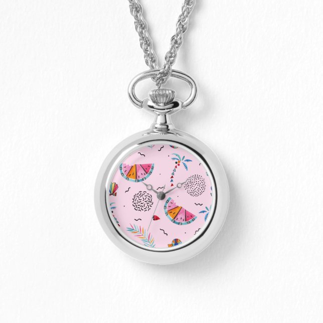 Tropisches rosa Memphis Stilmuster Armbanduhr (Vorderseite)