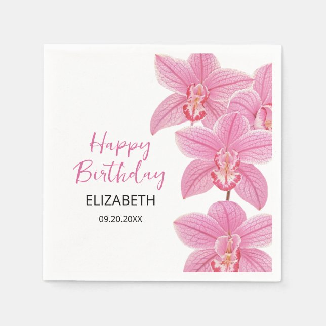 Tropisches Rosa Orchid Blume Happy Birthday Serviette (Vorderseite)