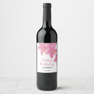 Tropisches Rosa Orchid Blume Happy Birthday Weinetikett