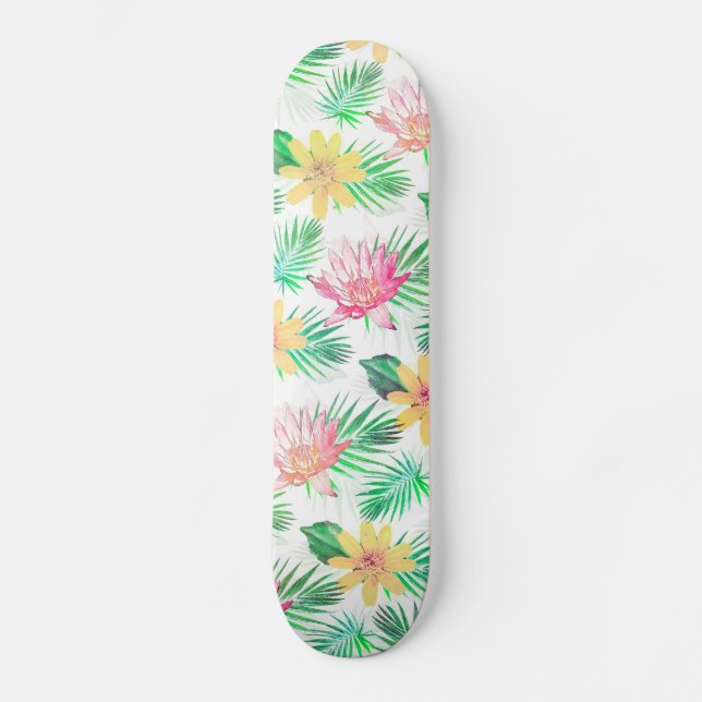Tropisches Rosa und gelbe Blumen Skateboard (Vorderseite)