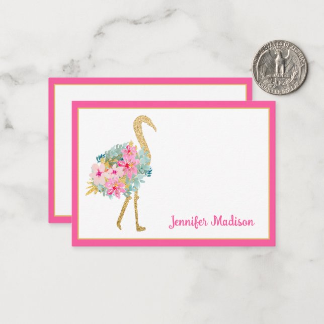 Tropisches Rosa und goldenes Flamingos mit Blume Mitteilungskarte (Vorderseite/Rückseite Beispiel)