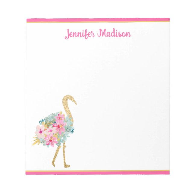 Tropisches Rosa und goldenes Flamingos mit Blume Notizblock (Vorderseite)