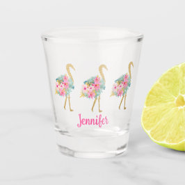 Tropisches Rosa und goldenes Flamingos mit Blume Schnapsglas