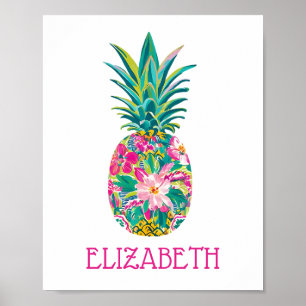 Tropisches Rosa und Grün Florales Ananas Poster