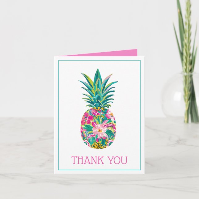 Tropisches Rosa und grüne Ananas Dankeskarte (Vorderseite)