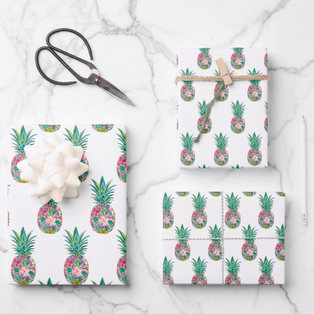 Tropisches Rosa und grüne Ananas Geschenkpapier Set (Vorderseite)