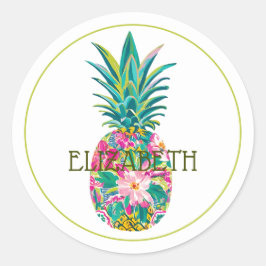 Tropisches Rosa und grüne Ananas Runder Aufkleber