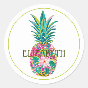 Tropisches Rosa und grüne Ananas Runder Aufkleber