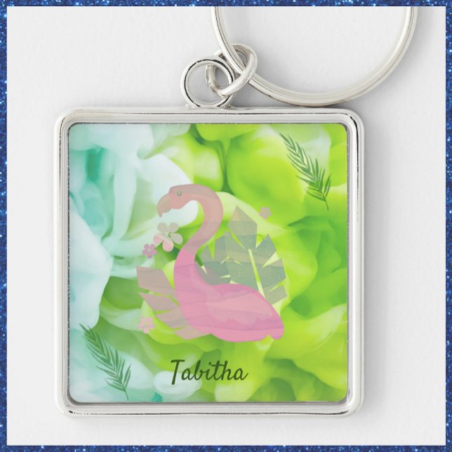 Tropisches Rosa und grüne Flamingo und Palmen Schlüsselanhänger (Von Creator hochgeladen)