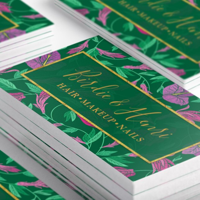 Tropisches Rosa und grünes Blumenmuster Visitenkarte (Close up of stacked Tropical Pink and Green Floral Business Cards)