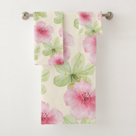 Tropisches Rosa und Grünes Hibiskus-Blumenmuster Badhandtuch Set