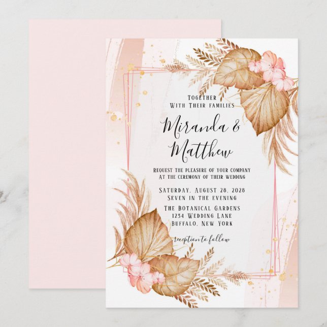 Tropisches Rosa und Pampas Pink Hochzeit Einladung (Vorne/Hinten)