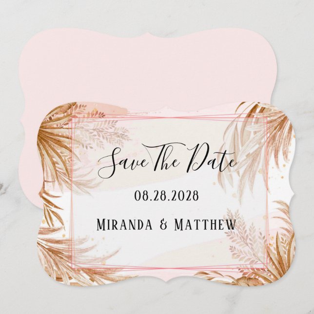 Tropisches Rosa und Pampas Save the Date Einladung (Vorne/Hinten)