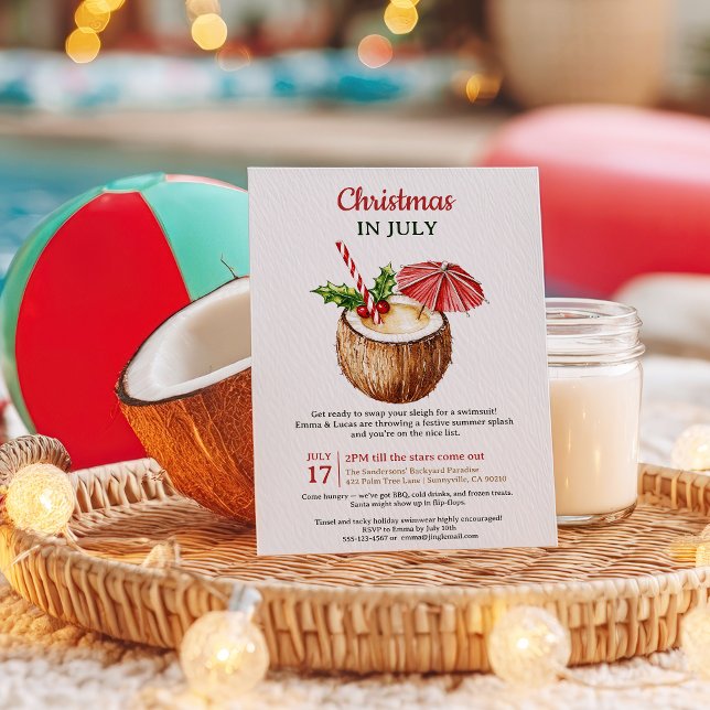 Tropisches Rotes Kokosnuss Weihnachten im Juli Einladung (Tropical Red Coconut Drink Christmas in July Invitation)
