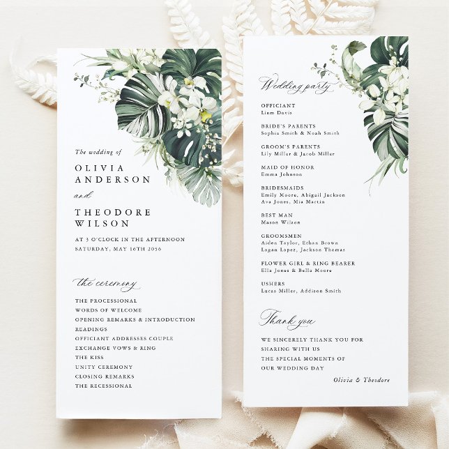 Tropisches Salbeigrünes Monstera-Hochzeitszeremoni Programm (Tropical wedding ceremony program, monstera orchid wedding stationery, destination wedding program)