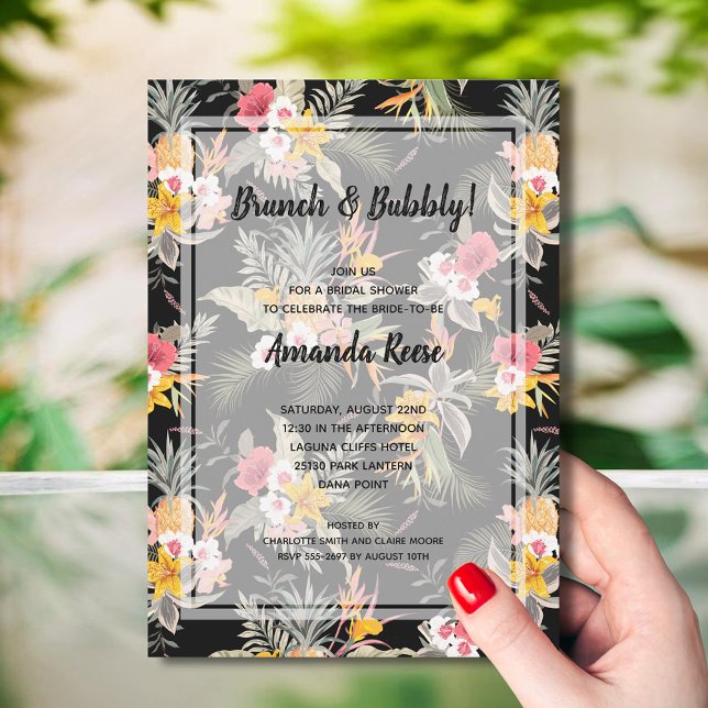 Tropisches Schwarzes Brautparty Einladung (Brunch and Bubbly Tropical Bridal Shower Invitations - INSTANT DOWNLOAD and/or PRINTED)