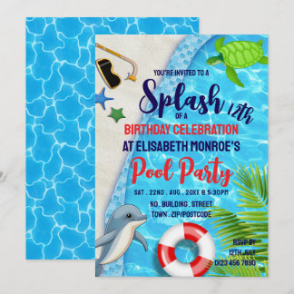 Tropisches Schwimmbad, Dolphin/Turtle Birthday Poo Einladung
