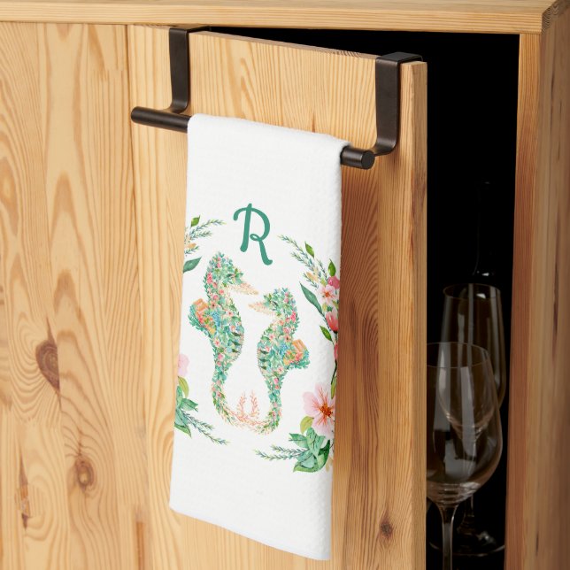Tropisches Seepferd Couple Mit Monogramm Geschirrtuch (Drittel gefaltet)