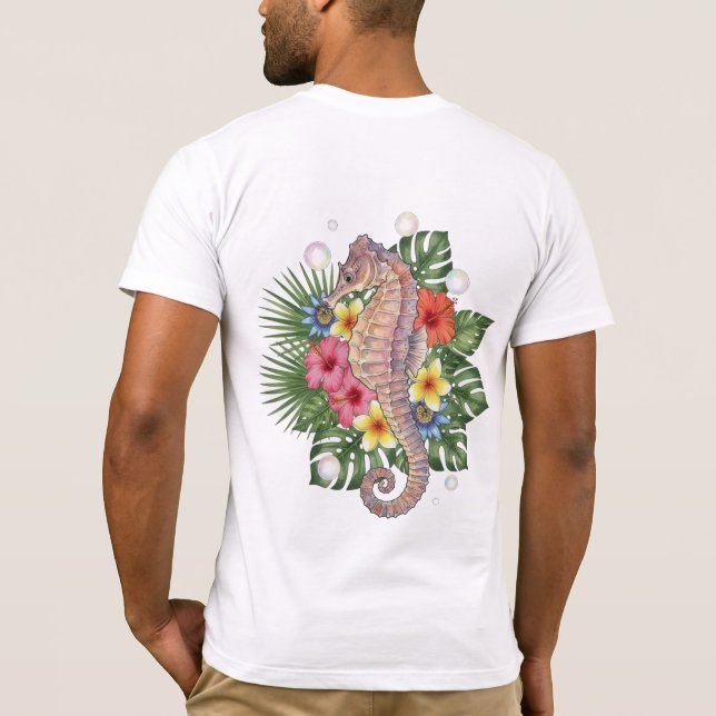 Tropisches Seepferdchen-Blumenmuster T-Shirt (Rückseite)