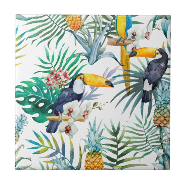 Tropisches Sommer Ananas-Papageien-Vogel-Aquarell Fliese (Vorderseite)