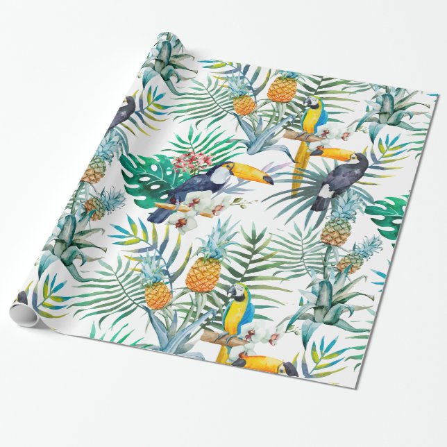 Tropisches Sommer Ananas-Papageien-Vogel-Aquarell Geschenkpapier (Ungerollt)