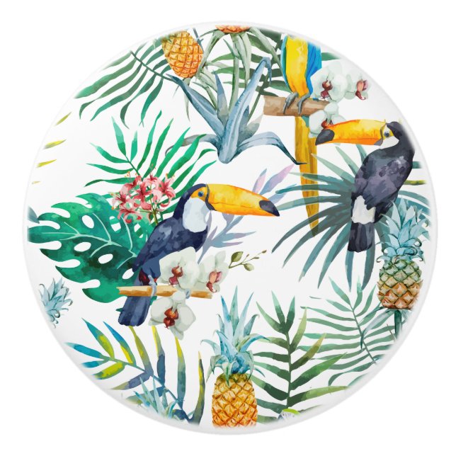 Tropisches Sommer Ananas-Papageien-Vogel-Aquarell Keramikknauf (Vorderseite)