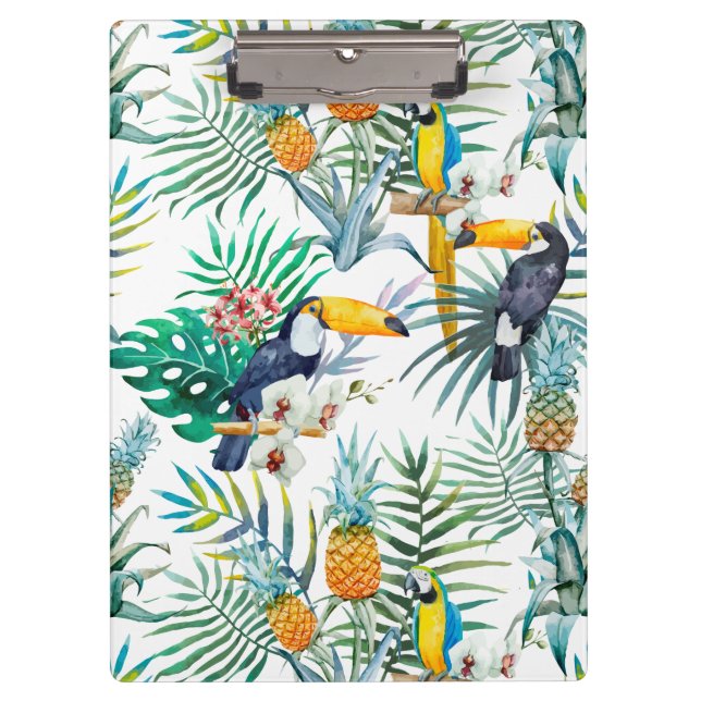 Tropisches Sommer Ananas-Papageien-Vogel-Aquarell Klemmbrett (Vorderseite)