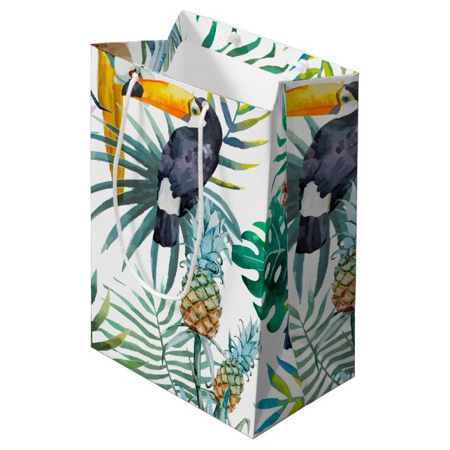 Tropisches Sommer Ananas-Papageien-Vogel-Aquarell Mittlere Geschenktüte (Vorderseite Schrägansicht)