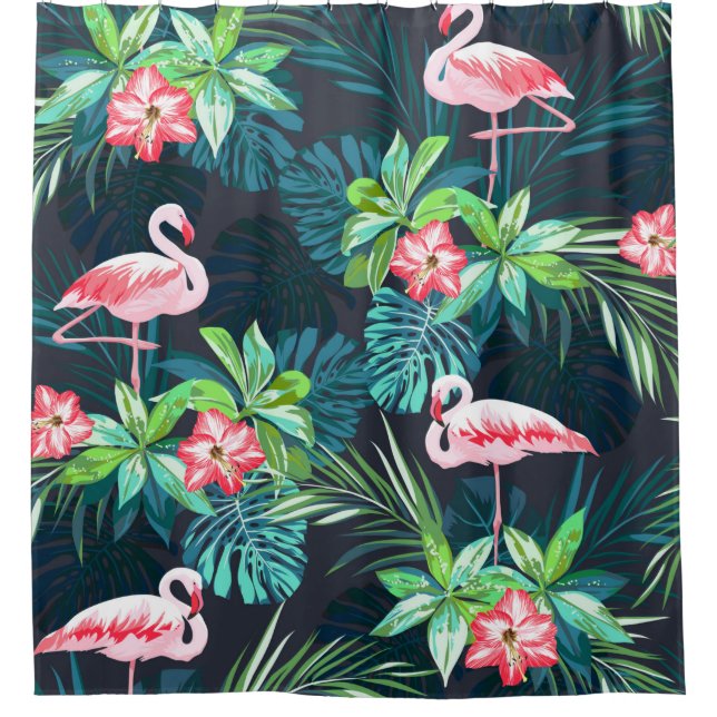 Tropisches Sommernahtloses Muster mit Flamingo bir Duschvorhang (Vorderseite)