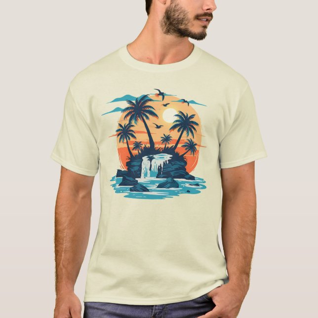 Tropisches Sonnenuntergangs-Wasserfall-Grafik-T-Sh T-Shirt (Vorderseite)