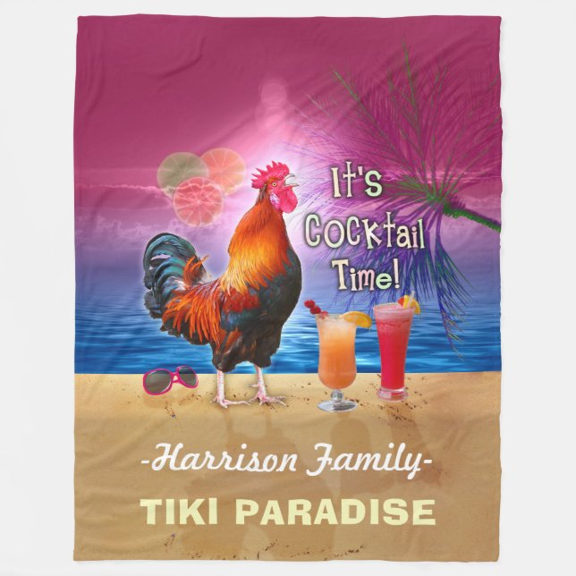 Tropisches Strand-Cocktail-Bar-lustiges Hahn-Huhn Fleecedecke (Vorderseite)