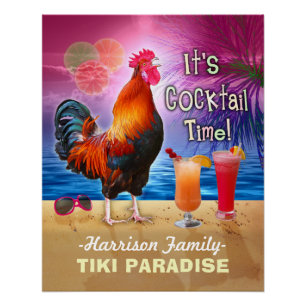 Tropisches Strand-Cocktail-Bar-lustiges Hahn-Huhn Poster