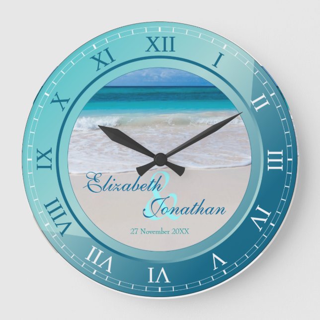 Tropisches Strand-Hochzeitstag-Türkis-Blau Große Wanduhr (Vorderseite)