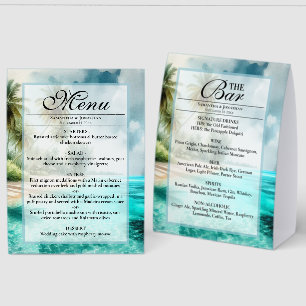 Tropisches Strand-Wasserfarben-Hochzeitsmenü & Bar Tischaufsteller
