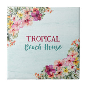 Tropisches Strandhaus Rosa Blumen Floral Botanisch Fliese