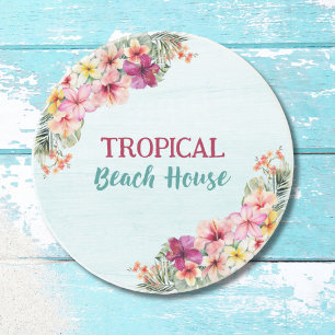 Tropisches Strandhaus rosa Blumen floral botanisch Getränkeuntersetzer