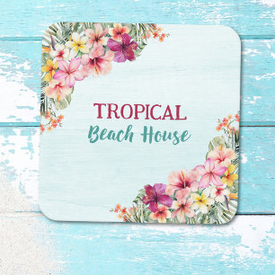 Tropisches Strandhaus Rosa Blumen Floral Botanisch Quadratischer Aufkleber