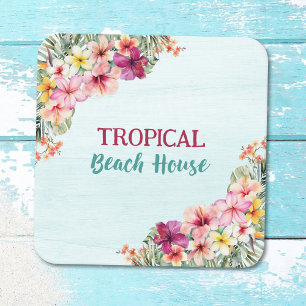 Tropisches Strandhaus Rosa Blumen Floral Botanisch Rechteckiger Pappuntersetzer