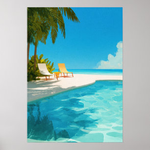 Tropisches Strandresort mit Pool und Liegestühlen Poster