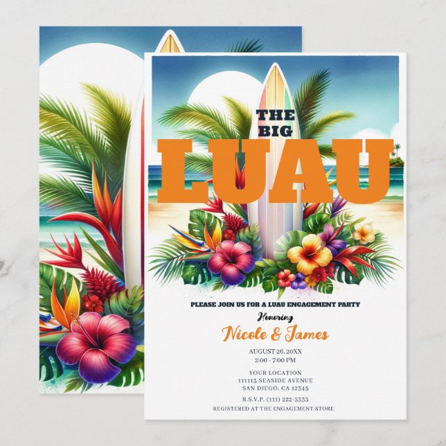 Tropisches Surfbrett Pool Party Luau Verlobung Einladung (Vorne/Hinten)