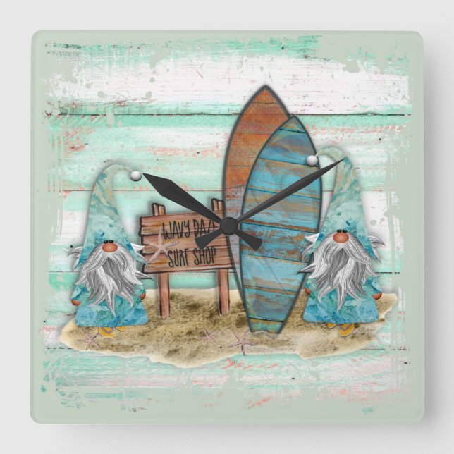 Tropisches Surfen Wasserfarbenstrand Quadratische Wanduhr (Vorderseite)