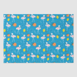 Tropisches Thema Flamingo Früchte auf blauem Hinte Seidenpapier