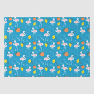 Tropisches Thema Flamingo Früchte auf blauem Hinte Seidenpapier