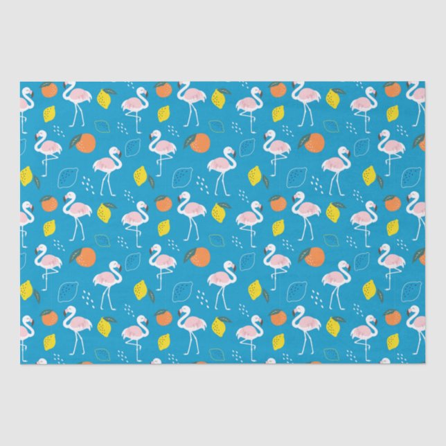 Tropisches Thema Flamingo Früchte auf blauem Hinte Seidenpapier (Vorderseite)