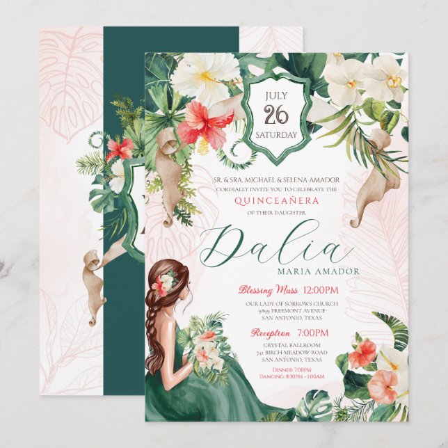 Tropisches Thema Grün und Rosa Sommer Quinceanera Einladung (Vorne/Hinten)