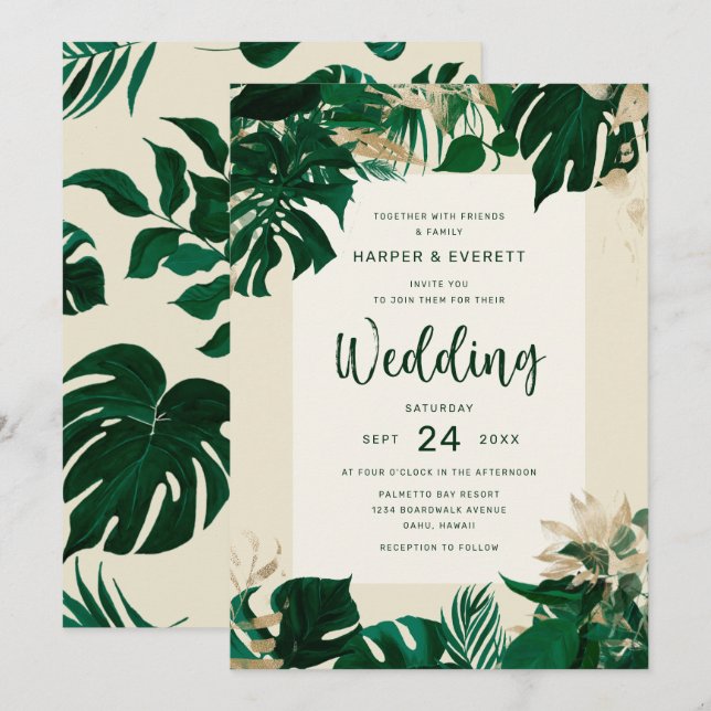 Tropisches Themenblatt mit Goldhochzeit Einladung (Vorne/Hinten)