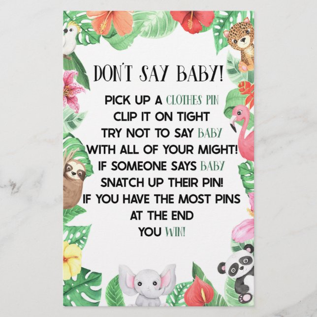 Tropisches Tier sagt kein Baby-Duschspiel Briefpapier (Vorderseite)