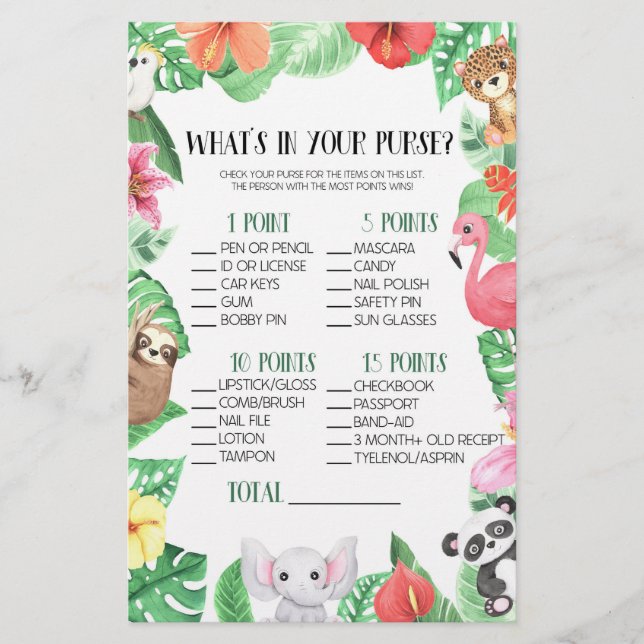 Tropisches Tier, was in Purse Baby Shower Game Briefpapier (Vorderseite)