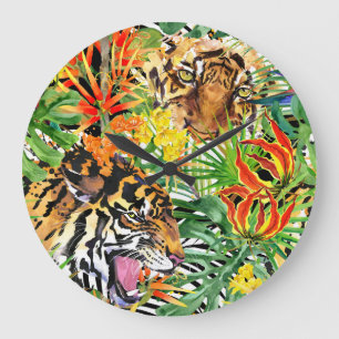 Tropisches Tiger-Watercolor-Dschungelmuster Große Wanduhr